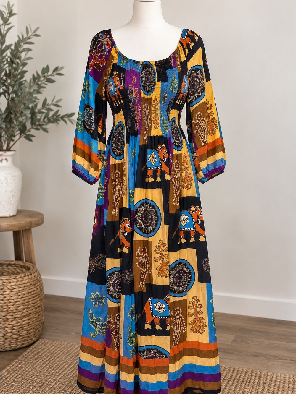 Ashley Taylor Elephant Print Maxi Dress One Size Boho Hippie Festival Rayon